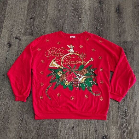 Vintage 1992 Variety Merry Christmas Red Ugly Sweater Xmas Party Sweatshirt XL - Picture 1 of 6